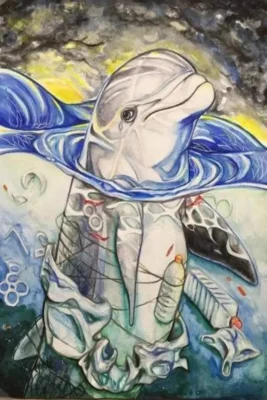 dibujos de la contaminacion del agua delfín triste por el plástico y la basura que lo rodea
