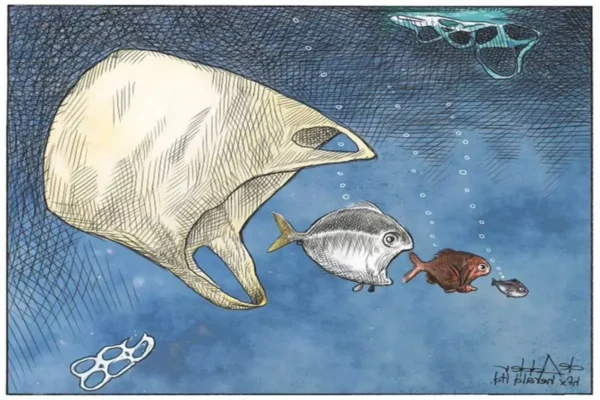 dibujos de la contaminacion del agua peces comiendose hasta que una bolsa plástica se come el ultimo